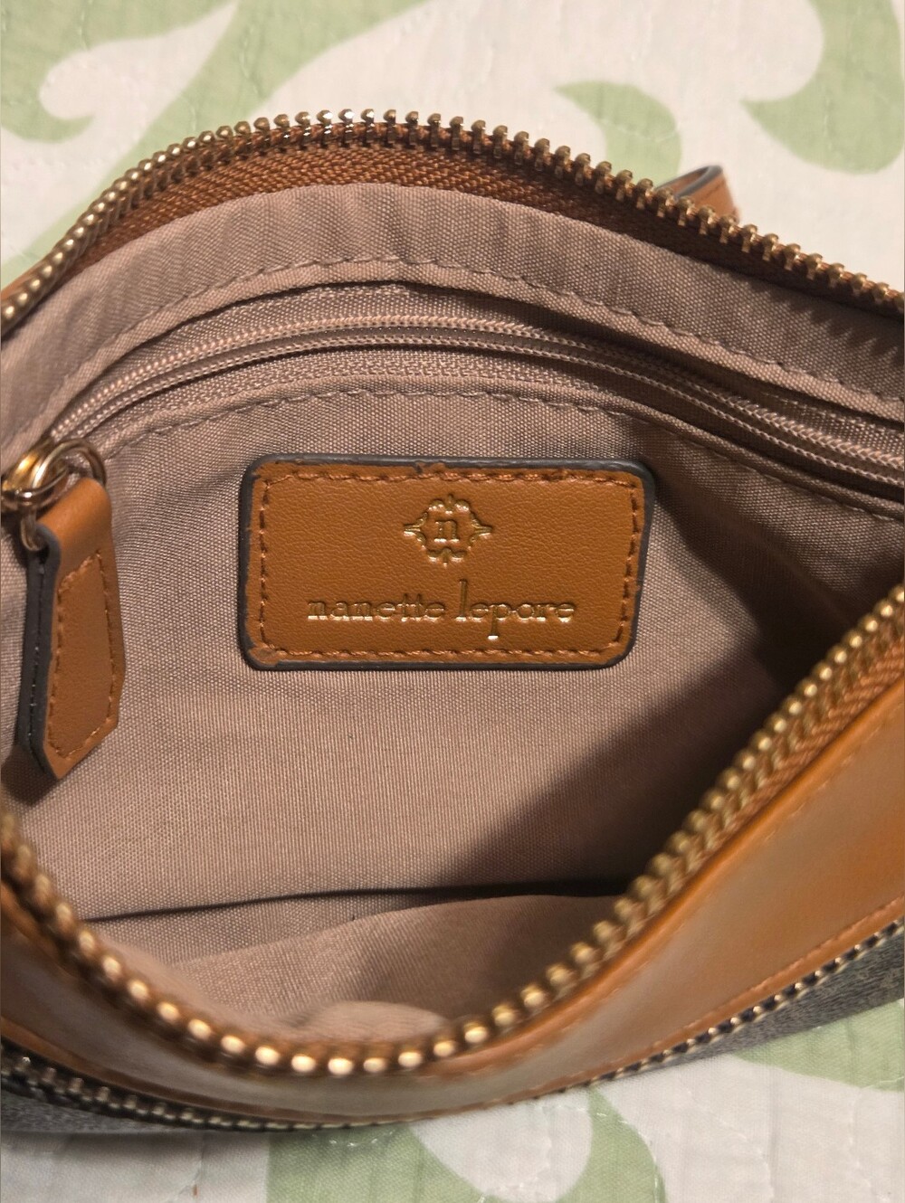 Nanette Lepore Brown and Tan Logo Zip Wristlet Faux Leather - Picture 2 of 6